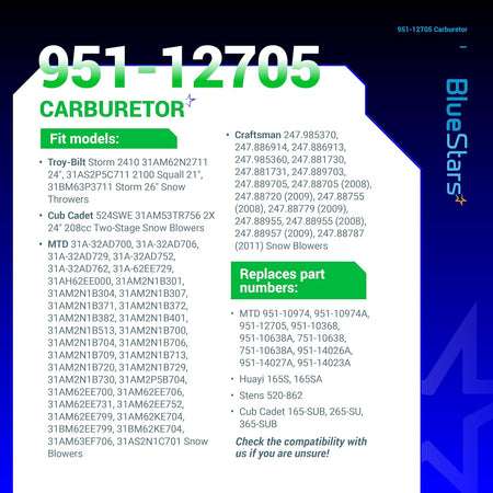 Informational graphic for 951-12705 carburetor listing compatible snow blower models and replacement part numbers.