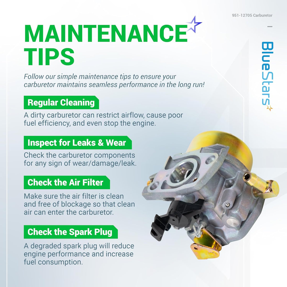 Infographic showing 951-12705 carburetor maintenance tips for snow blower engines.