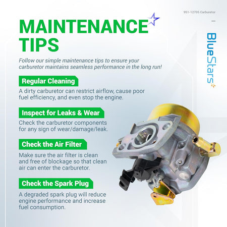 Infographic showing 951-12705 carburetor maintenance tips for snow blower engines.