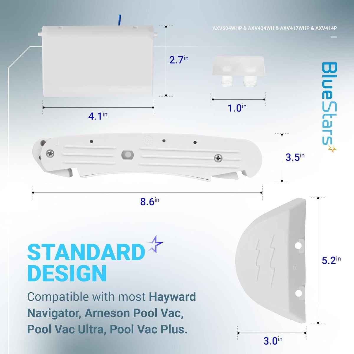 Dimensional diagram of Hayward Navigator pool cleaner replacement parts including pod swing, flap, bezels, and pod shoes.