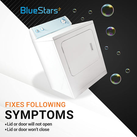 White Frigidaire and Kenmore washer showing door handle symptom fixes for opening and closing issues.