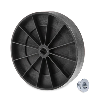 Black plastic transmission pulley and metal mounting nut for GE Hotpoint washing machines.