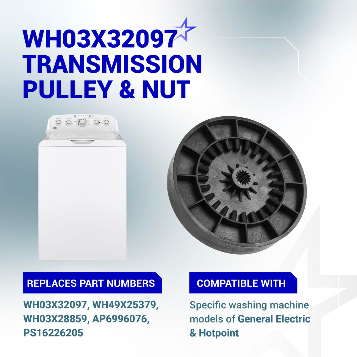 WH03X32097 washer transmission pulley and nut for GE and Hotpoint washing machines.