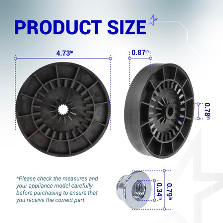 Dimension diagram of WH03X32097 washer transmission pulley and nut with detailed measurements in inches.