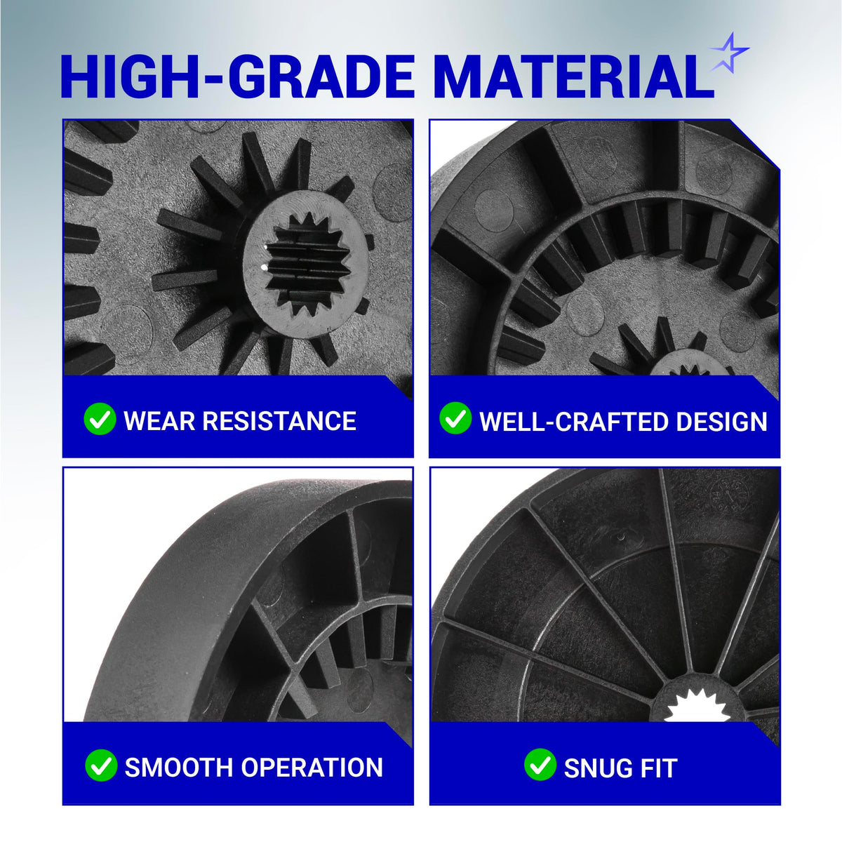 Close-up detail views of WH03X32097 washer transmission pulley showing high-grade material and durable construction.