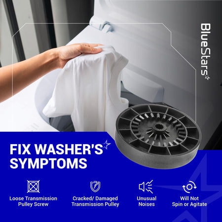 WH03X32097 washer transmission pulley showing symptoms like unusual noises and failure to spin or agitate.