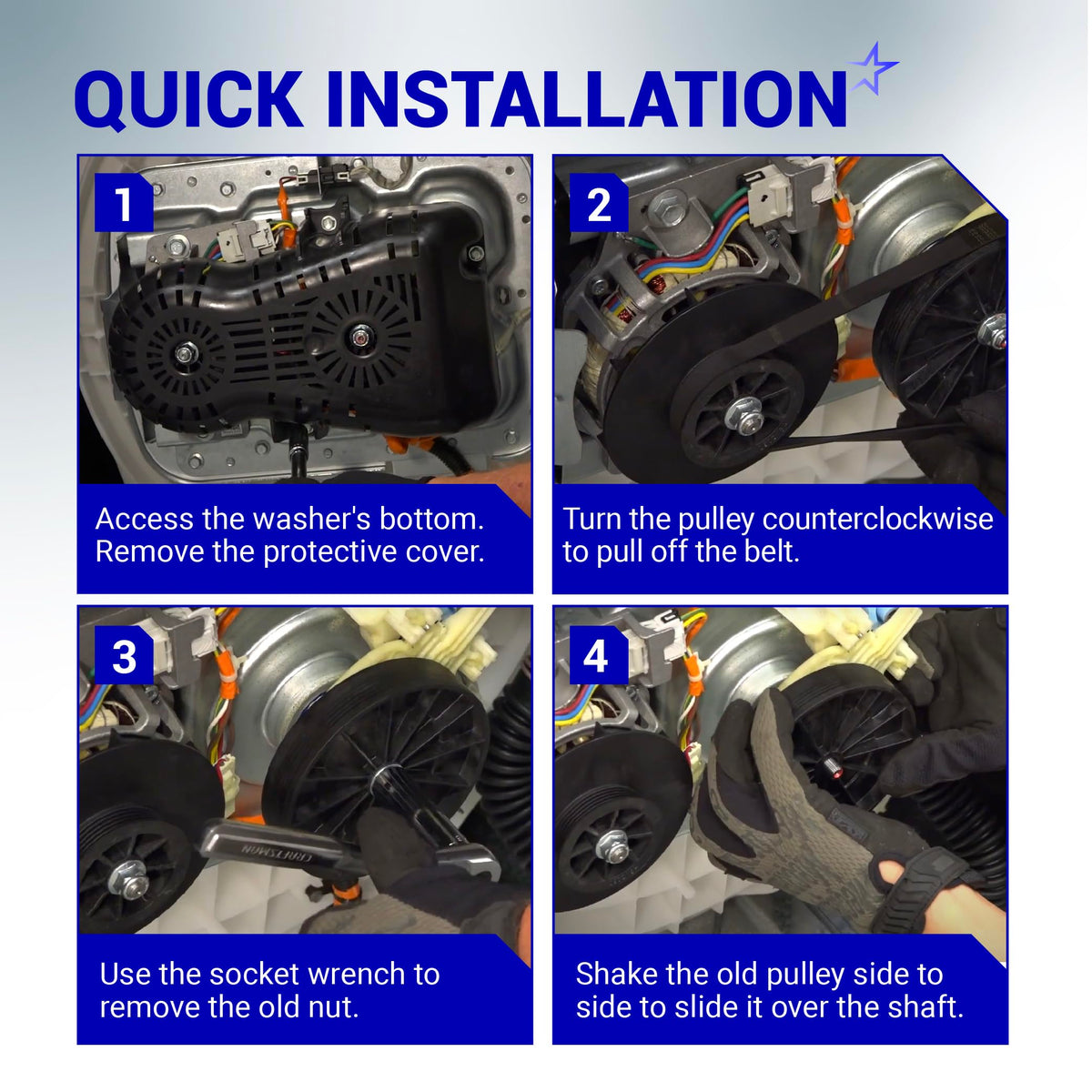 Four-step installation guide for replacing a GE washing machine transmission pulley and nut.