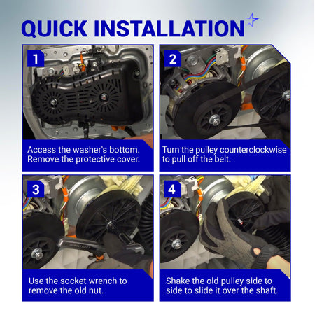 Four-step installation guide for replacing a GE washing machine transmission pulley and nut.