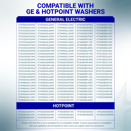 Compatibility chart for WH03X32097 washer transmission pulley listing compatible GE and Hotpoint washing machine models.