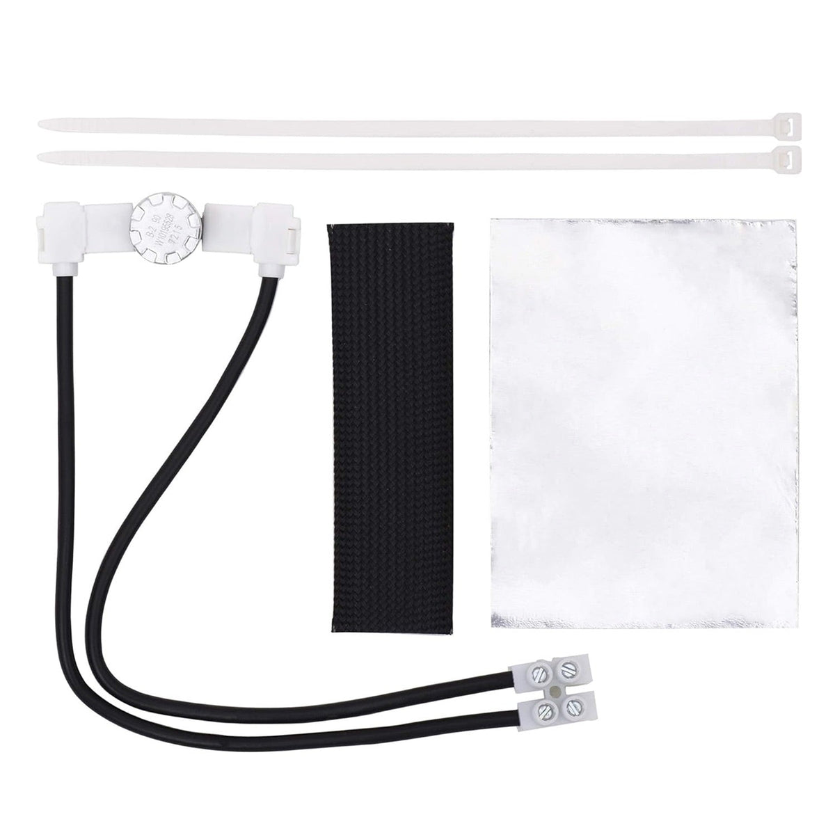 W10402110 dishwasher thermal fuse kit including wiring harness, protective sleeve, foil, and zip ties.