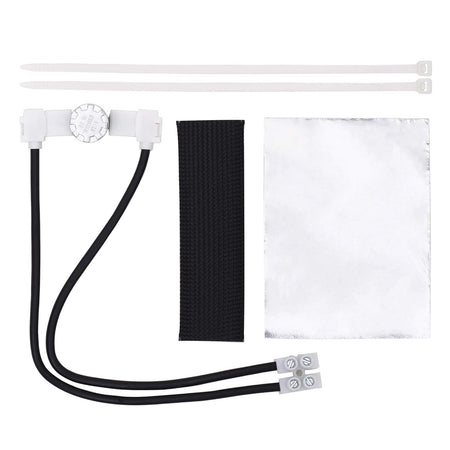 W10402110 dishwasher thermal fuse kit including wiring harness, protective sleeve, foil, and zip ties.