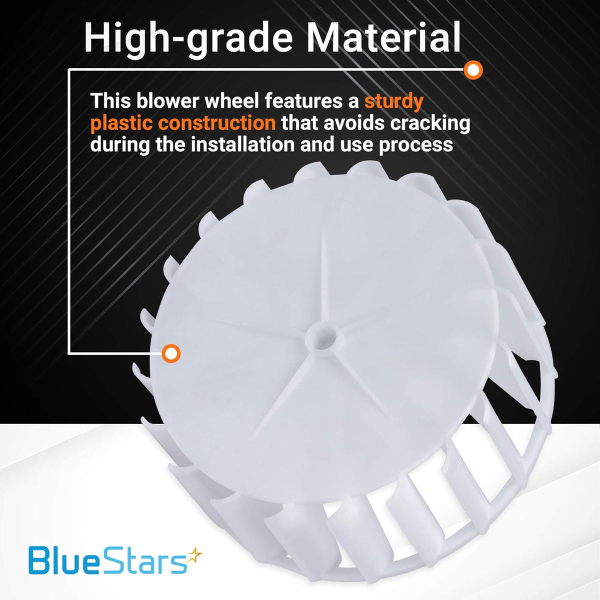 Durable white plastic dryer blower wheel replacement for Maytag and Jenn-Air dryers.