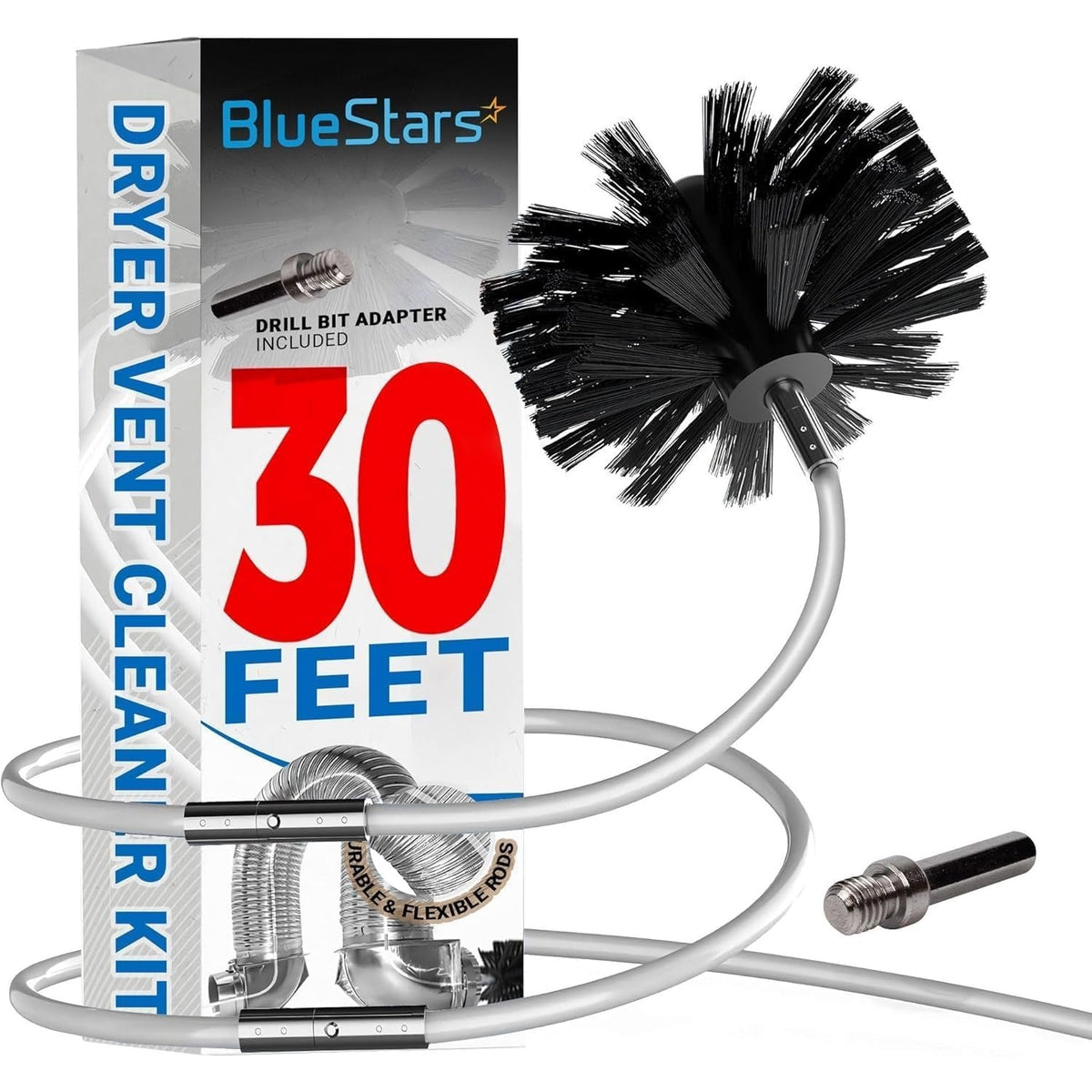 BlueStars 30-foot dryer vent cleaner kit with brush, flexible rods, and drill bit adapter in retail packaging.