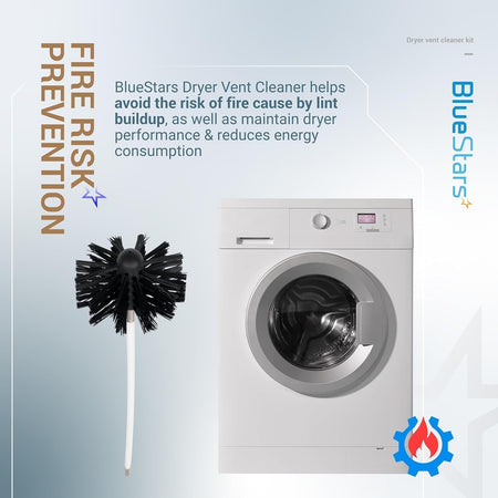 BlueStars dryer vent cleaning brush and rod next to a washing machine for fire prevention.