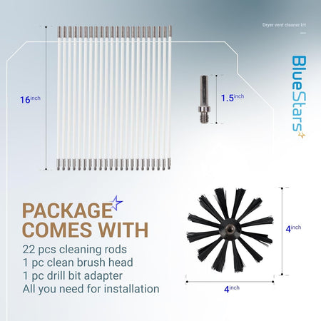 Dryer vent cleaner kit components including 22 detachable rods, 4-inch brush head, and 1.5-inch drill bit adapter.