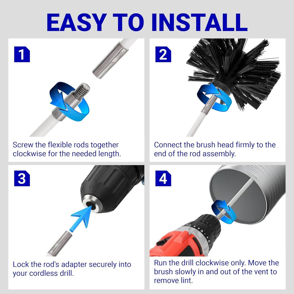 Four-step installation guide for dryer vent cleaner kit showing rod assembly, brush attachment, and drill connection.