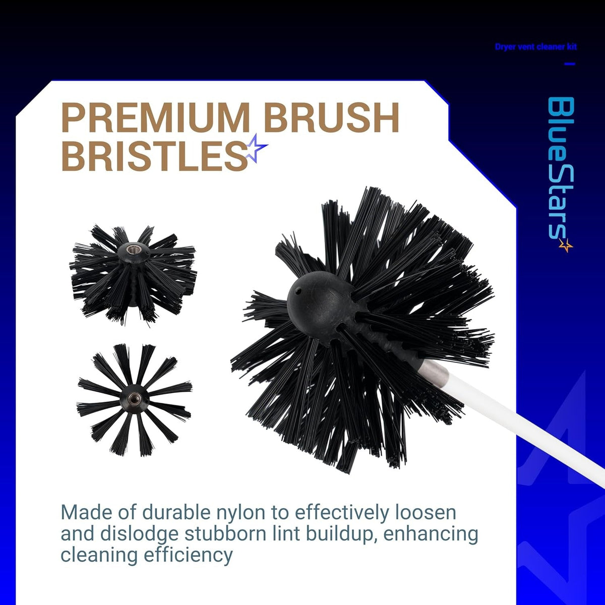 Close-up of durable nylon dryer vent cleaner brush heads with stiff bristles for removing lint buildup.
