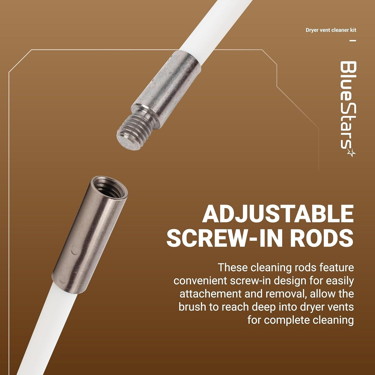 Close-up of two detachable dryer vent cleaner rods with a screw-in connection design.