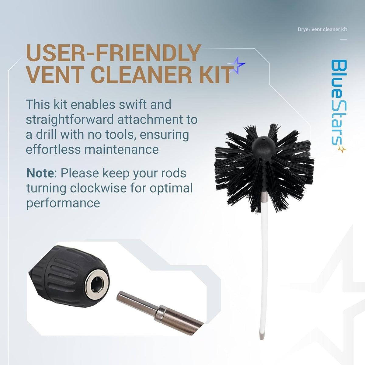 Dryer vent cleaner brush head and drill attachment rod for vent cleaning kit.