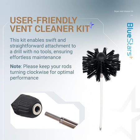 Dryer vent cleaner brush head and drill attachment rod for vent cleaning kit.