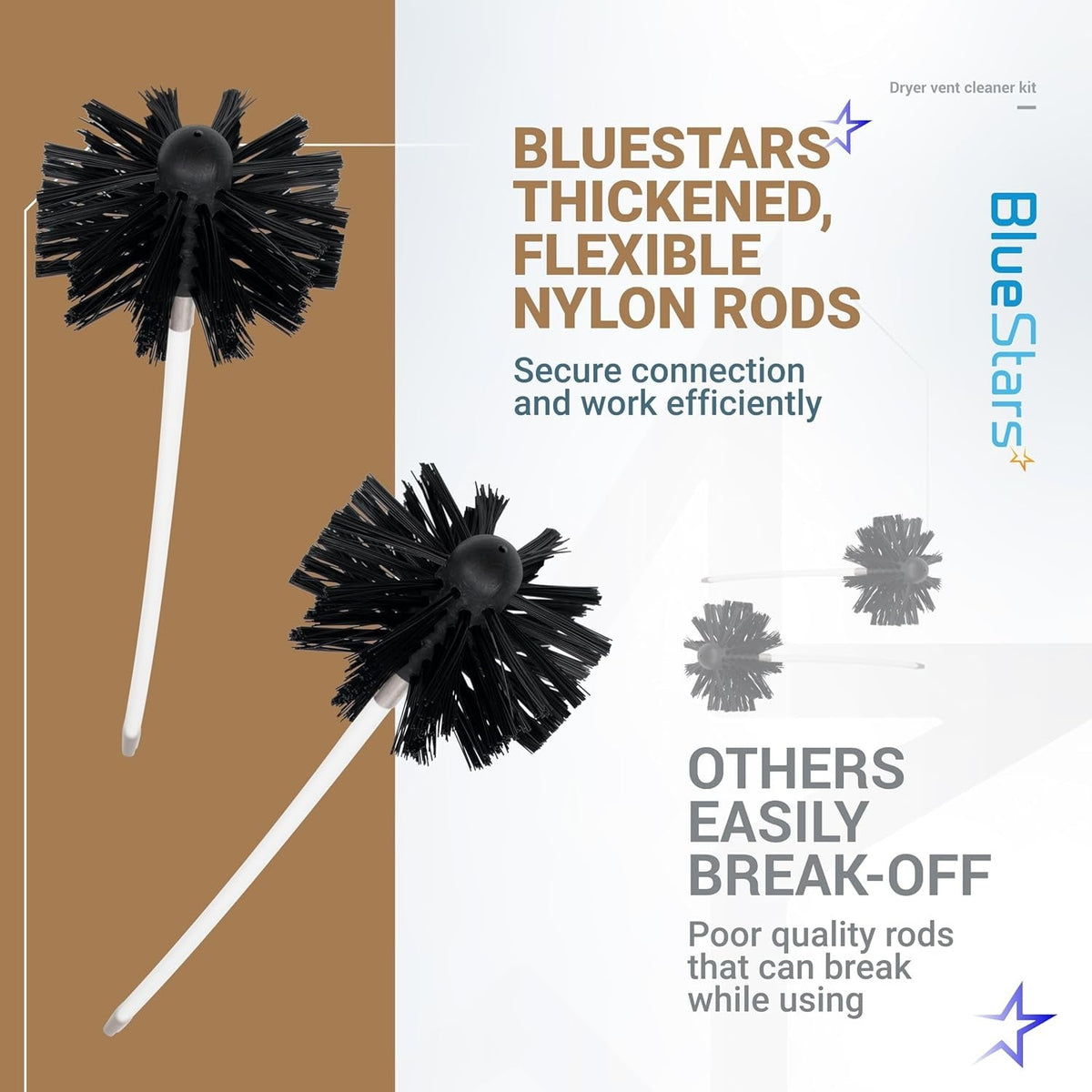 Comparison graphic showing durable BlueStars dryer vent cleaner brush and rod versus fragile competitor alternatives.
