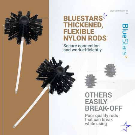 Comparison graphic showing durable BlueStars dryer vent cleaner brush and rod versus fragile competitor alternatives.