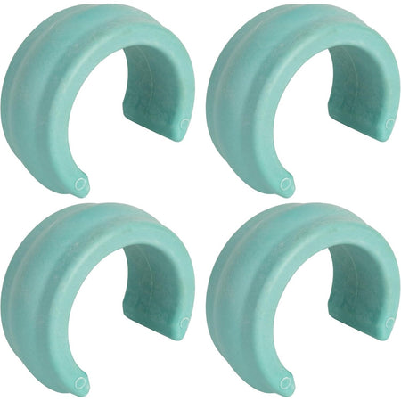 Set of four teal universal pool cleaner hose weights for Zodiac, Hayward, and Pentair automatic pool cleaners.