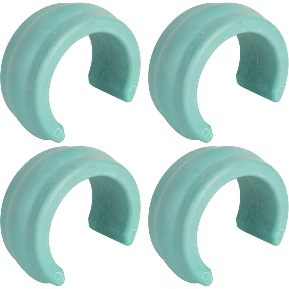 Set of four teal universal pool cleaner hose weights for Zodiac, Hayward, and Pentair automatic pool cleaners.