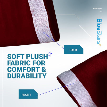 Close-up of red microwave door handle cover showing soft plush fabric texture and hook-and-loop fastener detail.