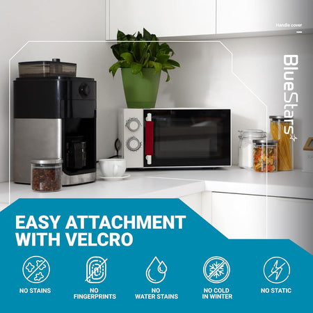 Red microwave door handle cover installed on a microwave with infographic showing velcro attachment and benefits.