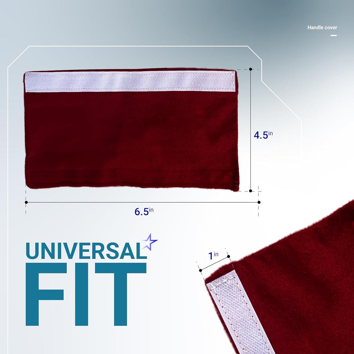 Red microwave door handle cover showing 6.5 by 4.5 inch dimensions and 1 inch velcro strap width.