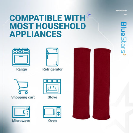Two red microwave and appliance door handle covers shown with compatibility icons for kitchen appliances.