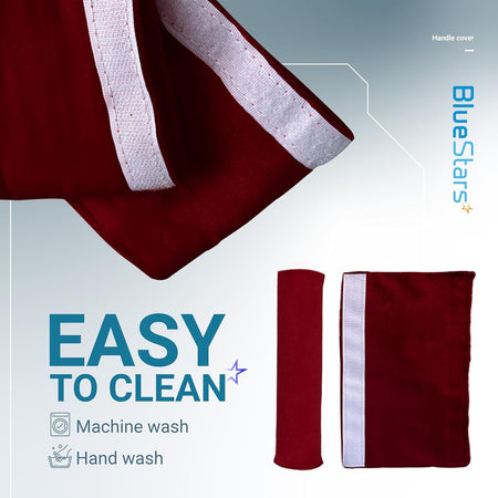 Red microwave door handle covers with white velcro strips, showing machine and hand wash cleaning instructions.