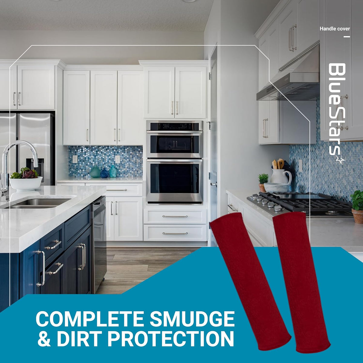 Two red microwave and kitchen appliance door handle covers shown against a modern kitchen background.
