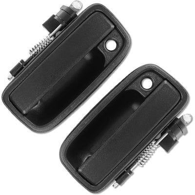 Pair of black front left and right exterior door handles for automotive replacement.