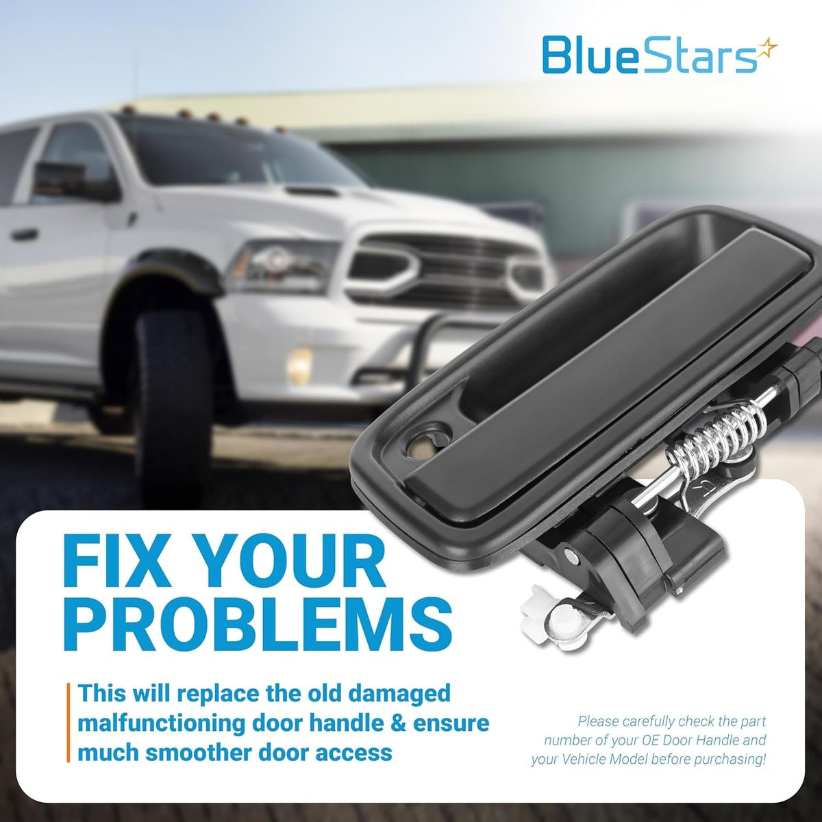 Black exterior front door handle replacement part with spring mechanism for vehicle door access.