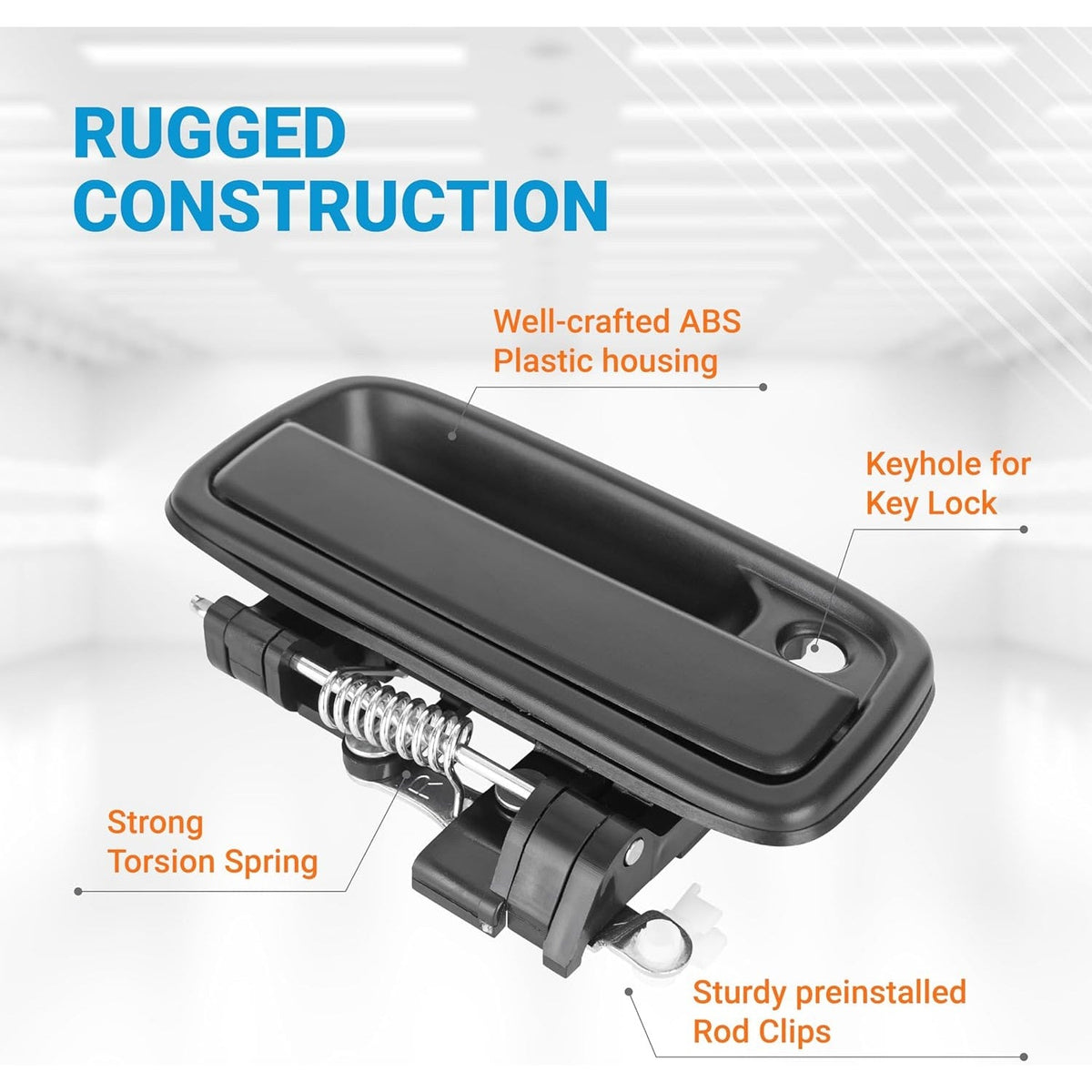Exterior door handle with ABS plastic housing, keyhole, torsion spring, and rod clips for 69220-35020 and 69210-35020.