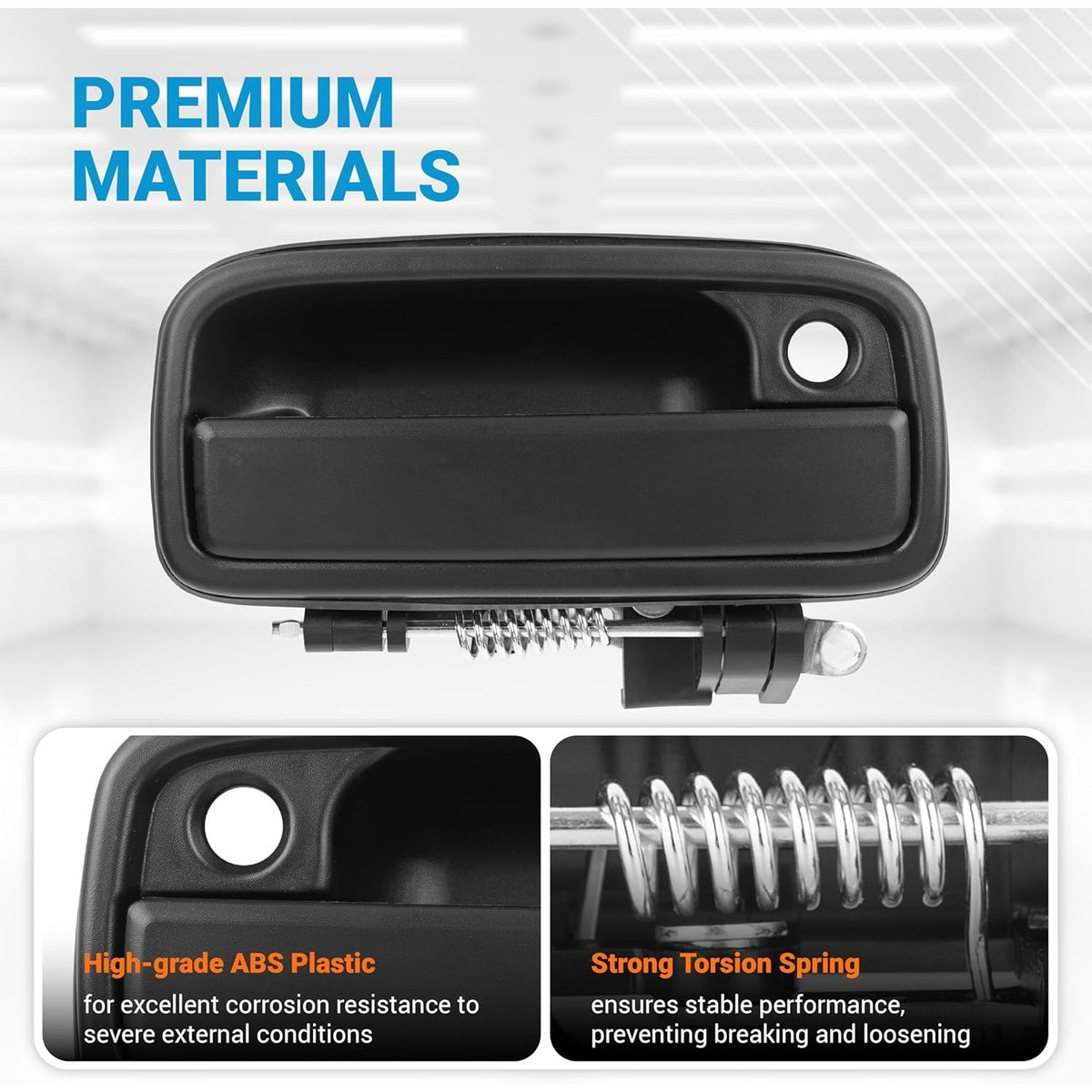 Exterior door handle showing ABS plastic construction and heavy-duty torsion spring mechanism.
