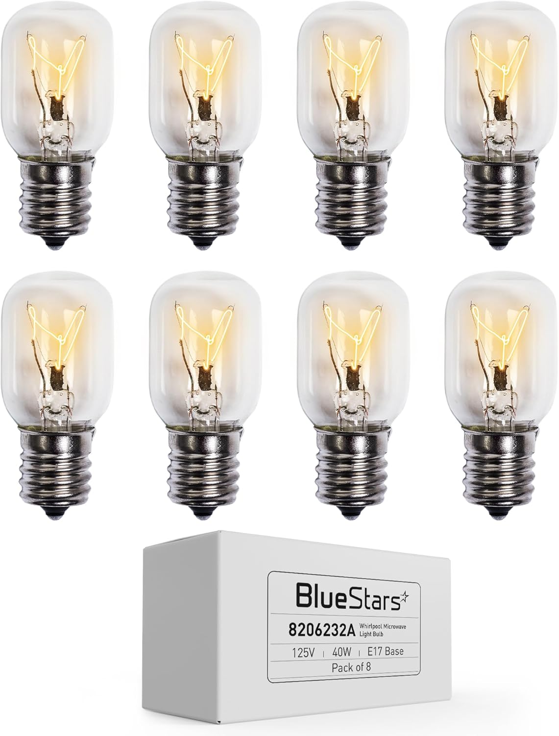 Pack of 8 8206232A microwave oven replacement bulbs with E17 base and storage box.