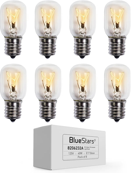 Pack of 8 8206232A microwave oven replacement bulbs with E17 base and storage box.