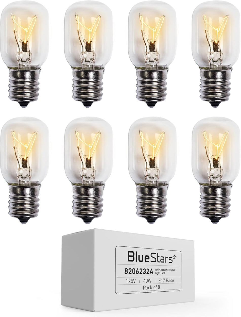 Pack of 8 8206232A microwave oven replacement bulbs with E17 base and storage box.