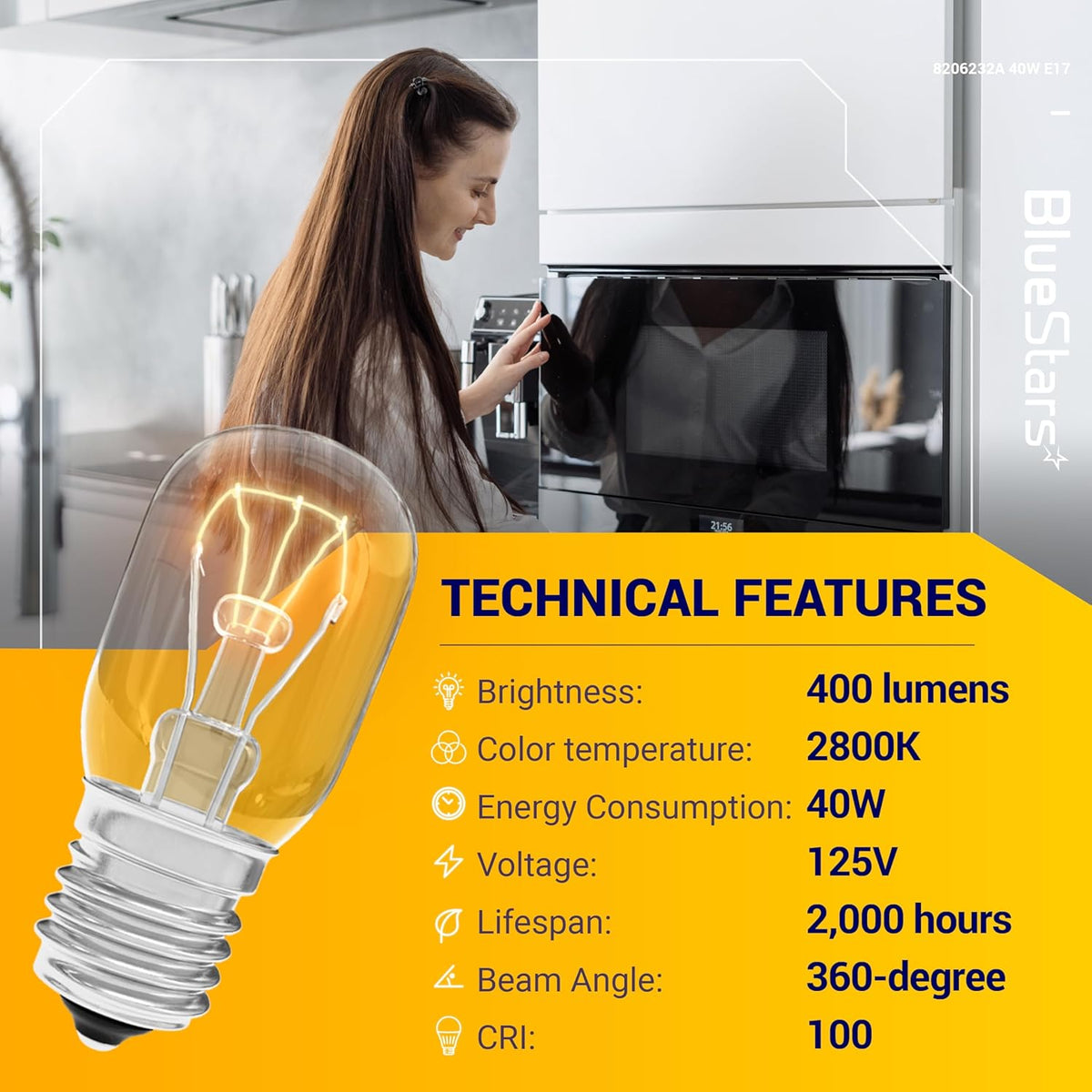 8206232A microwave oven bulb with technical specifications and woman using a microwave in the background.
