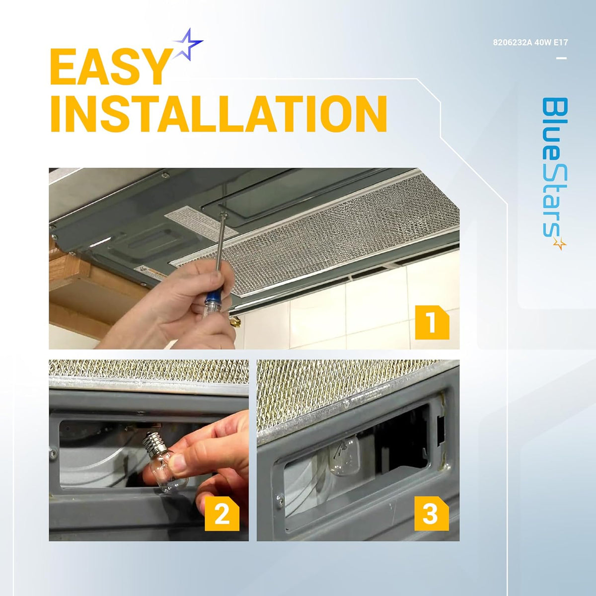 Step-by-step installation guide for 8206232A microwave oven bulb replacement.