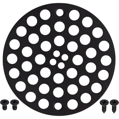 4-inch black metal shower drain strainer cover with four included mounting screws.
