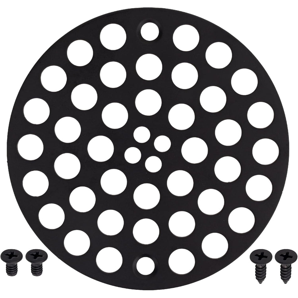 4-inch black metal shower drain strainer cover with four included mounting screws.