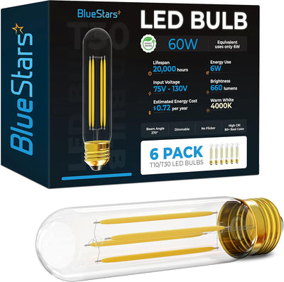 BlueStars T10/T30 tubular LED light bulb with gold base and visible filaments in front of 6-pack product packaging.