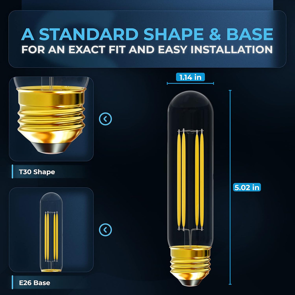 T10 T30 tubular LED light bulb dimensions showing E26 base and 5.02-inch height for easy installation.