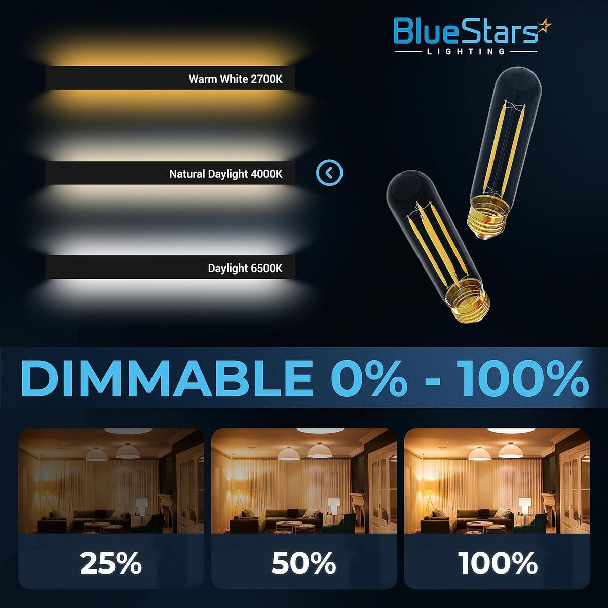 Infographic showing T10 T30 tubular LED light bulbs with dimming levels and color temperature options.