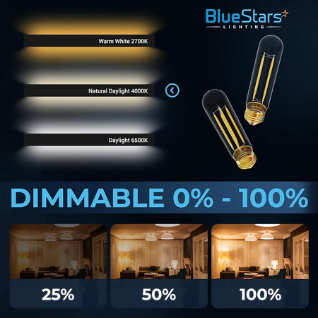 Infographic showing T10 T30 tubular LED light bulbs with dimming levels and color temperature options.