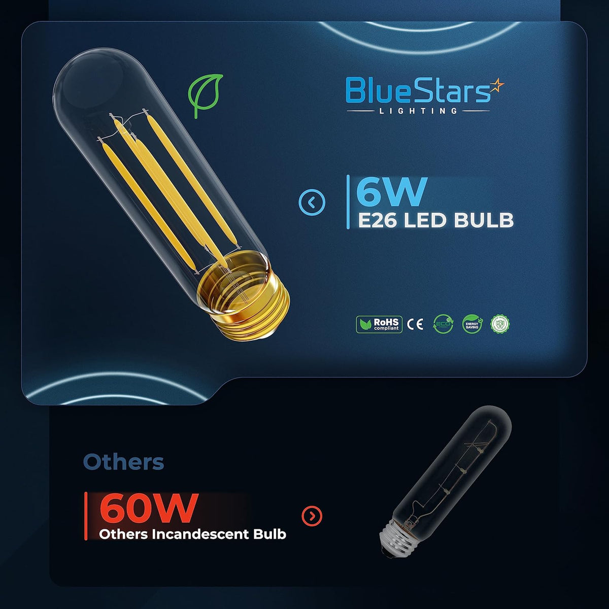 BlueStars 6W T10 tubular LED bulb with E26 base compared to a standard 60W incandescent bulb.